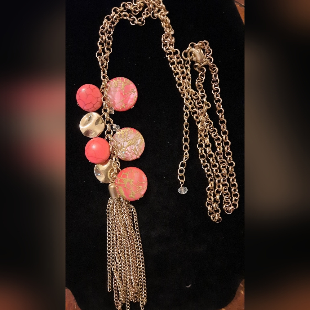 Charming Charlie necklace adjustable beaded and tassels goldtone